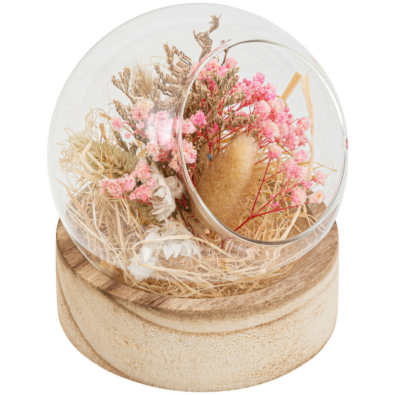 Compo de Fleurs Séchées dans une Boule en verre sur support en bois Atmosphera Rose