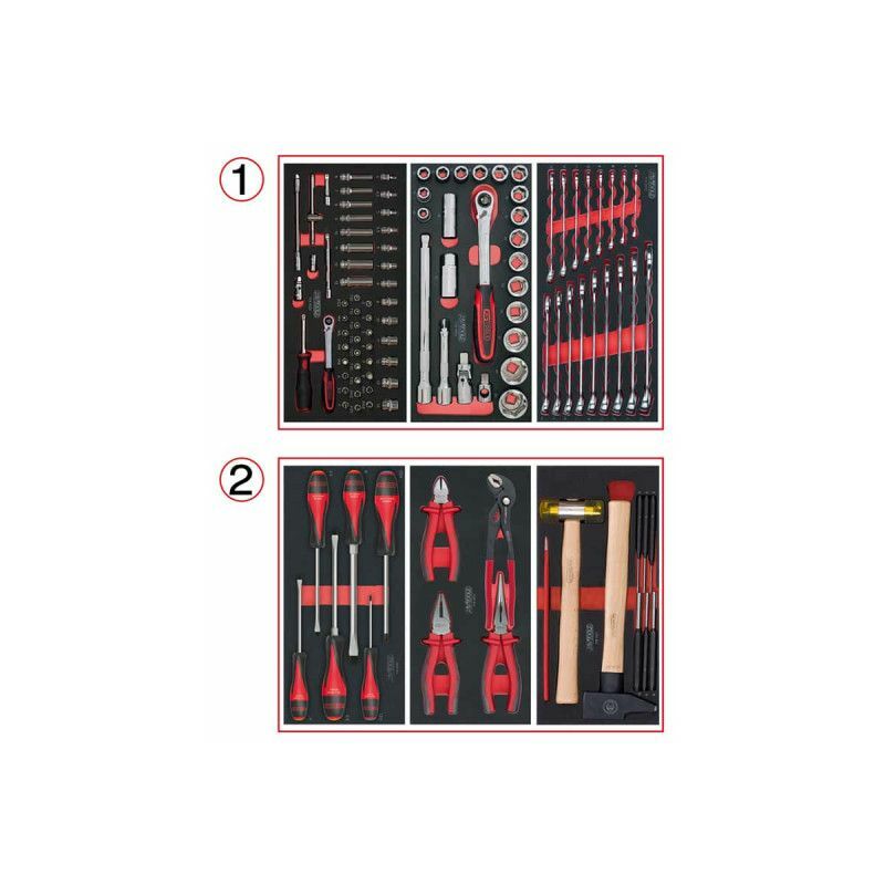 

Composición de la herramienta KS TOOLS - Para carro - 2 cajones - 114 piezas - 714.0114