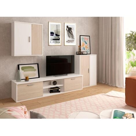 HM-ACTUALLY Composición de salón blanco/roble sahara modelo Zeta, 200 cm(alto)220 cm(ancho)40 cm(largo)