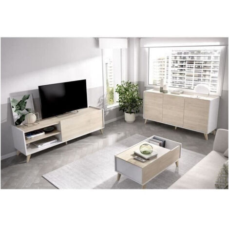 Composición de salón con Mueble TV + Aparador + Mesa de Centro, Blanco y Natural - NESS 6