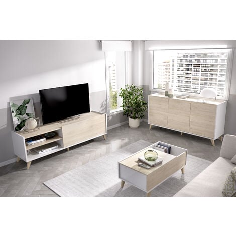Composición de salón con Mueble TV + Aparador + Mesa de Centro, Blanco y Natural - NESS 6 - Blanco y Natural