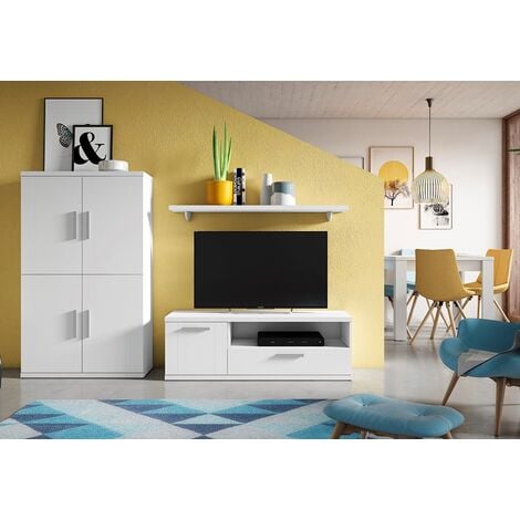 Composicion de salon minsk con mueble tv, aparador 4 puertas estante y mesa de comedor extensible 90-180x90 cm