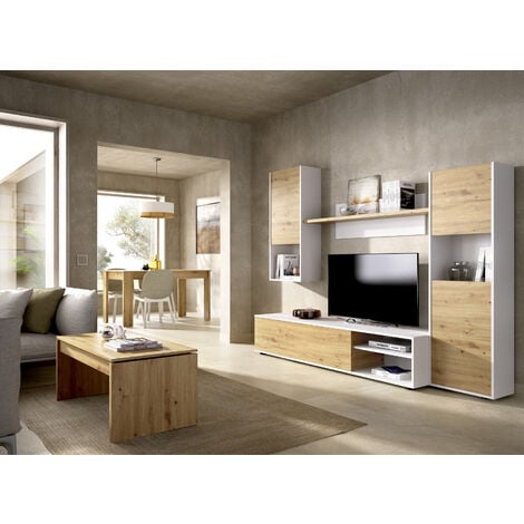 Composición de salón Mueble TV modular + Mesa de Centro + Mesa de Comedor, Nordic / Blanco - LUKA