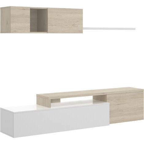 Composición de salón TV compacto color Blanc Brillo / Natural 180x201x41 cm - Modelo ELLE