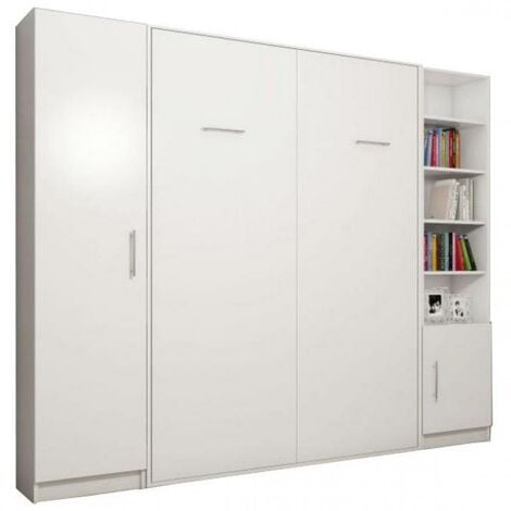 Composition armoire lit escamotable SMART-V2 blanc mat Couchage 140cm 2 colonnes rangements - blanc
