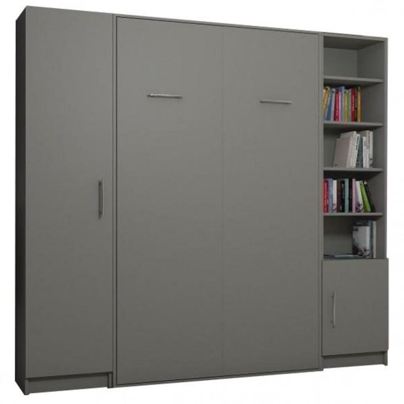 Composition armoire lit escamotable SMART-V2 gris mat Couchage 160 x 200 cm colonne armoire et bibliothèque - gris
