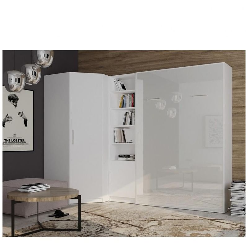 Inside75 - Composition armoire lit angle SMART-V2 160*200 cm, blanc mat / façade gloss blanc brillant - blanc