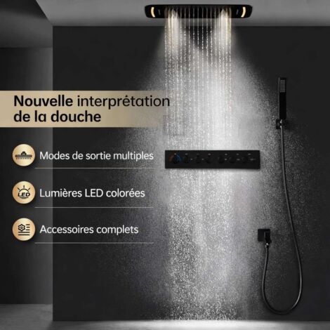 Composition de douche ciel de pluie led thermostatique noire, Olbia