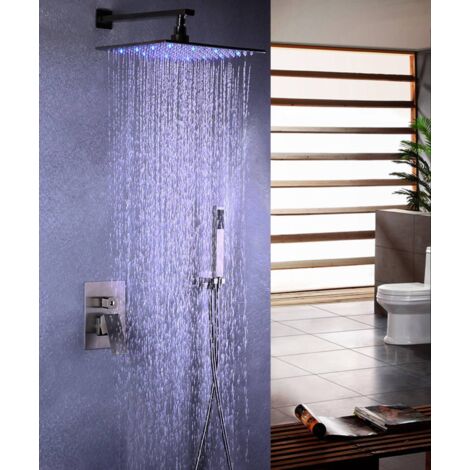 Composition de douche LED avec douchette - Nickel brossé - LED - 300 mm