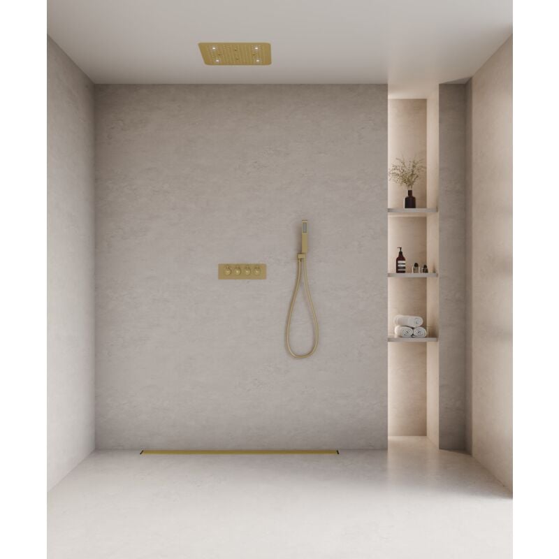Kroos ® - Composition de douche thermostatique encastré plafond à led - Doré brossé