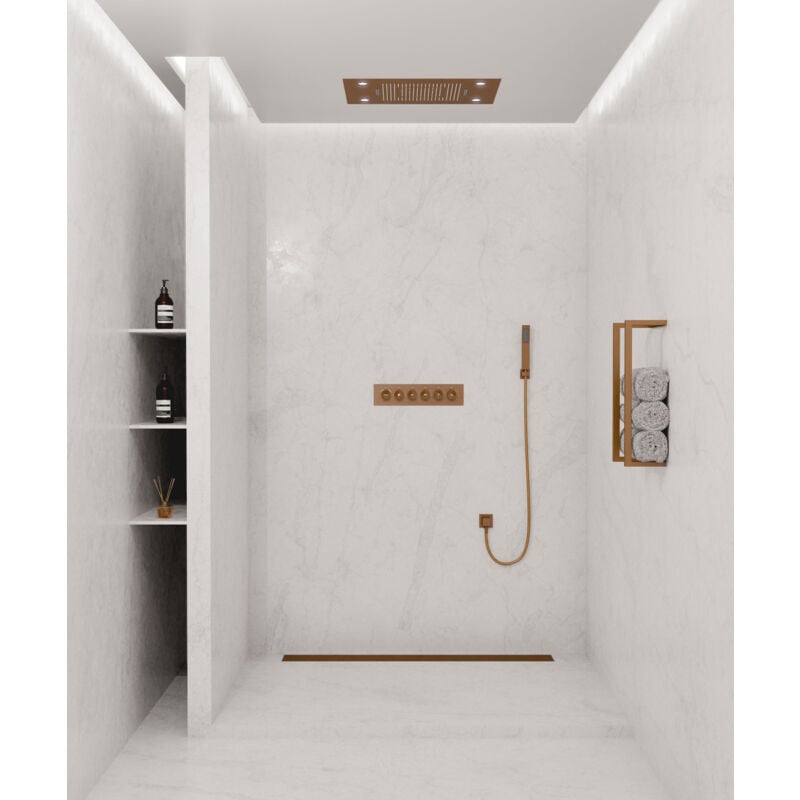 Composition de douche thermostatique avec ciel de pluie LED 800x600 mm- Or rose brossé