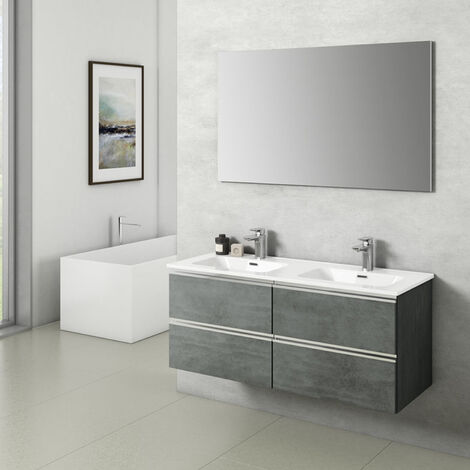 Composition de meuble de salle de bain suspendu avec double vasque et miroir modèle York02 120x46x190h cm Ciment
