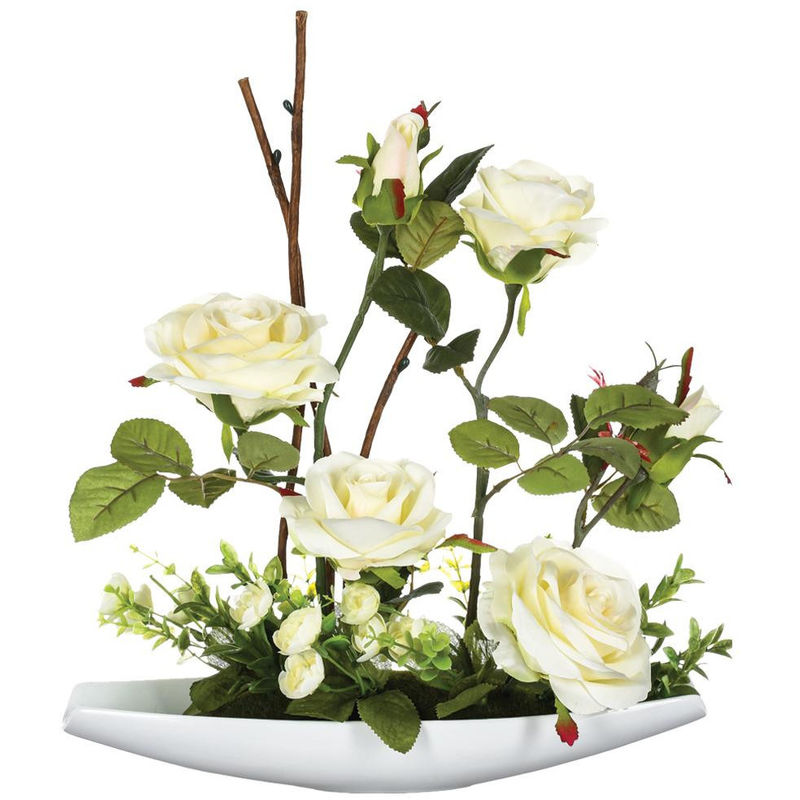 Composition florale artificielle Roses dans une coupelle en céramique l 32 x h 35 cm Atmosphera Ivoire