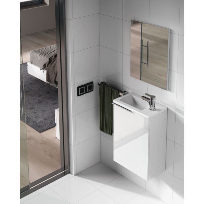 Meuble de salle de bain avec une porte battante avec lavabo et miroir inclus, blanc brillant, 40 x 58 x 22 cm.