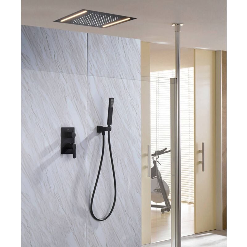 Kroos ® - Composition douche complet noir mat encastré led laiton