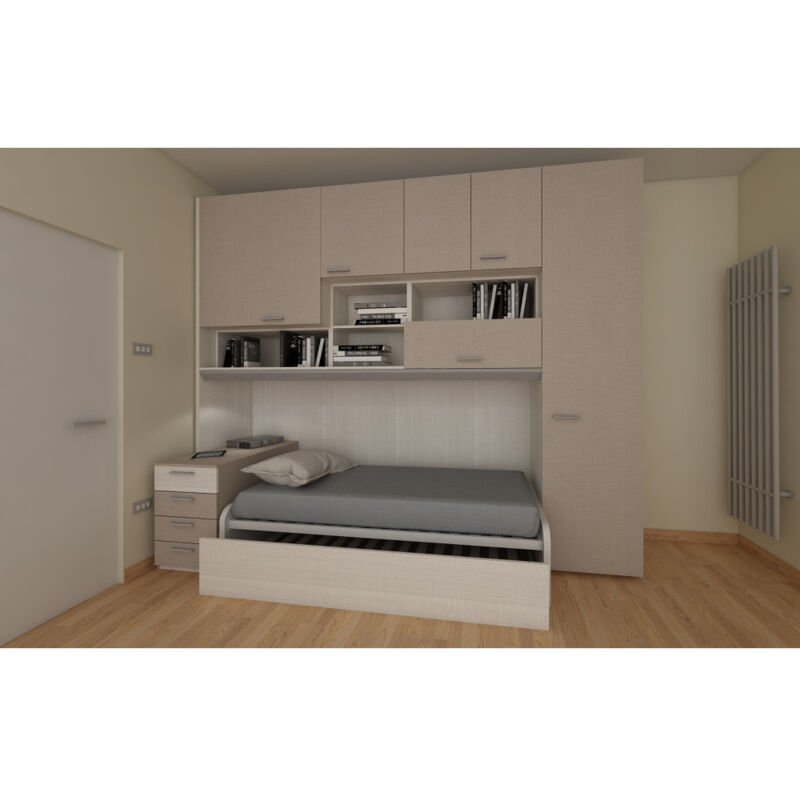 Composition d'unité de pont à compartiments ouverts et double profondeur avec table de chevet éclairée et exploitable L.309 h 25 - Effet tissu et