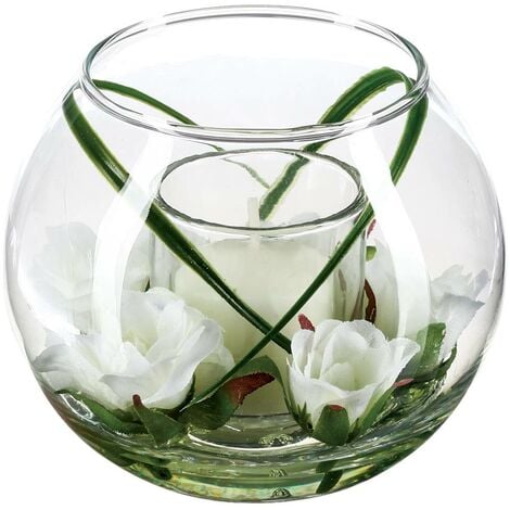 Composition florale artificielle bougie vase verre H10cm - Atmosphera créateur d'intérieur