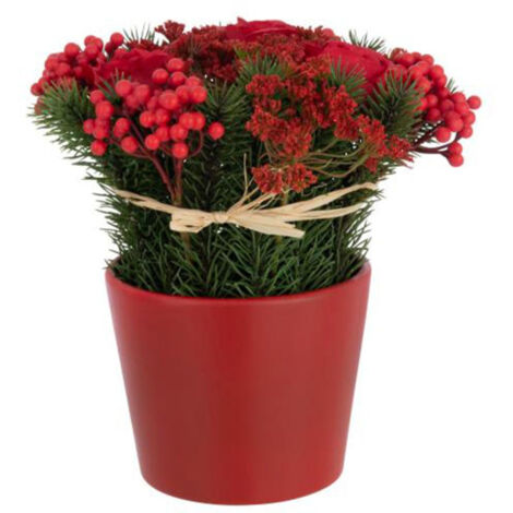 Composition Florale Pot "Roses & Baies" 25cm Rouge