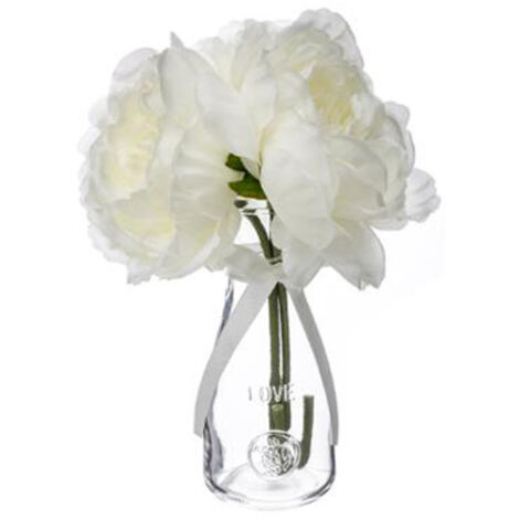 Composition Florale & Vase "3 Pivoines" Verre 25cm Transparent