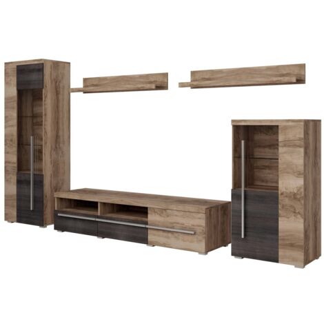 Composition murale BRAZZA – Vitrines, meuble TV 160 cm et 2 étagères – Finition noyer satin