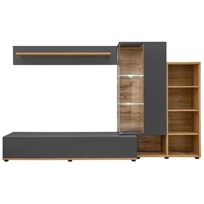 Meublorama - Composition murale collection klis 2 coloris gris anthracite et chêne. led incluses. Meuble tv design