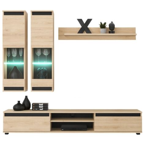 Composition murale DOMO – Meuble TV, 2 vitrines suspendues et étagère murale – Chêne clair et noir