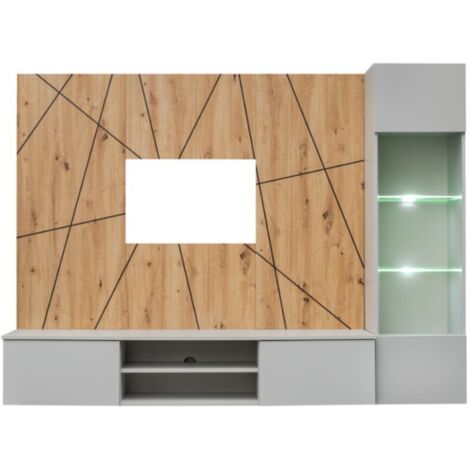 Composition murale IXAR géométrique – Meuble TV + vitrine suspendue + panneaux décoratifs