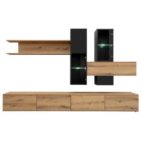 Composition murale ORIANE – Meubles TV + rangements suspendus – Chêne Coast Evoke et noir mat
