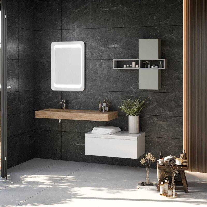 Kiamami Valentina - Composition Suspendue Pour Salle De Bain Avec Lavabo Hpl 100Cm Et Tiroir 80Cm Diamante