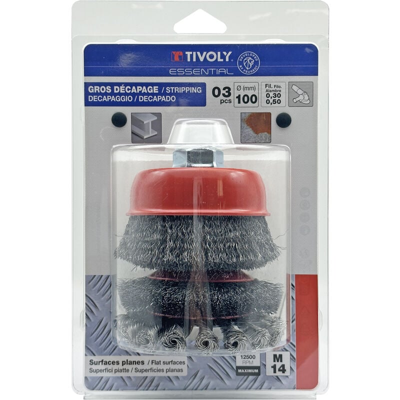 Tivoly - 3 Brosses pour Meuleuse • Ø100mm • Alésage M14 • Pour Gros Décapage du Métal • Pour Décapage sur Pierres Diverses