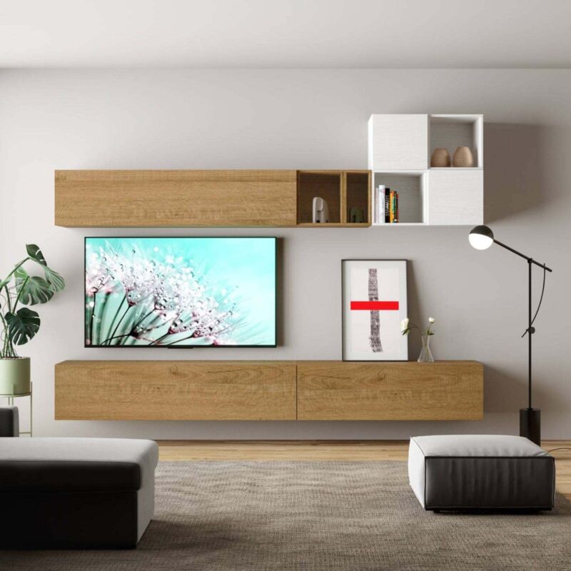 Parete Da Soggiorno Isoka A36 L.308 P.39,5 Quercia E Bianco