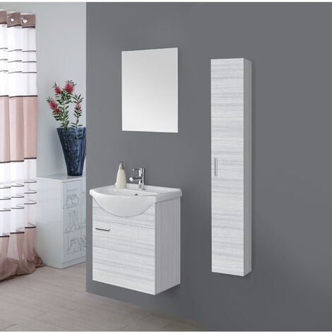 Mobile bagno bianco lucido sospeso 75 cm curvo con colonna 170 cm specchio  e lavabo in ceramica Mod. Berlino, Arcshop