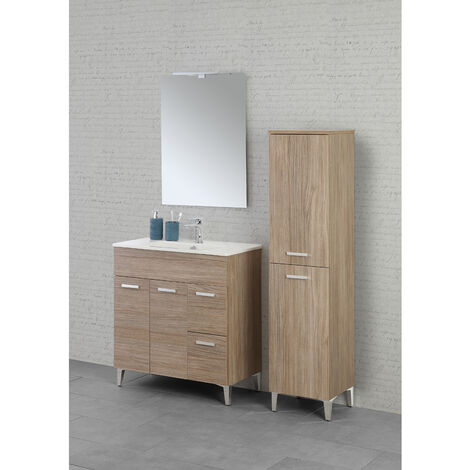 COMPOSIZIONE BAGNO MOBILE LAVABO+SPECCHIO+COLONNA PORTASCIUGAMANI ROVERE