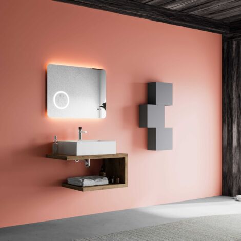 Composizione Bagno Sospesa 80Cm Top Rovere Naturale E Lavabo D'appoggio  Lagos