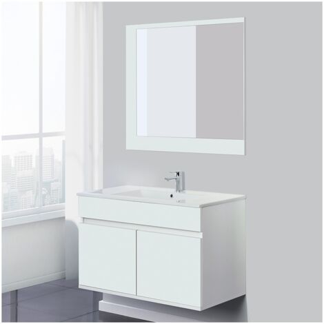 Composizione Bagno Sospesa 90 cm in Legno Bianco  con 2 ante