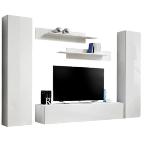 Composizione murale FLY A1 – Mobile TV sospeso e colonne – Bianco lucido – Design moderno