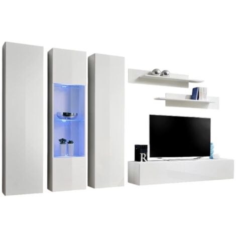 Composizione murale FLY C4 – Mobile TV sospeso, vetrine LED e colonne – Bianco lucido – Design moderno