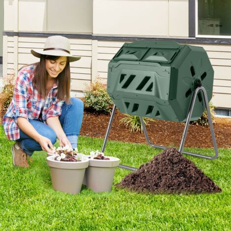 Composteur 160 L à Double Chambre Bac à Compost Cadre en Métal Rotatif 360° avec 2 Portes Coulissantes Trous Aération sans BPA Vert DESIGN IN