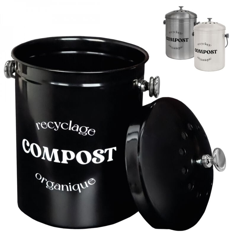 Composteur, bac, poubelle à compost de cuisine 5L rond en Inox - Noir Linxor