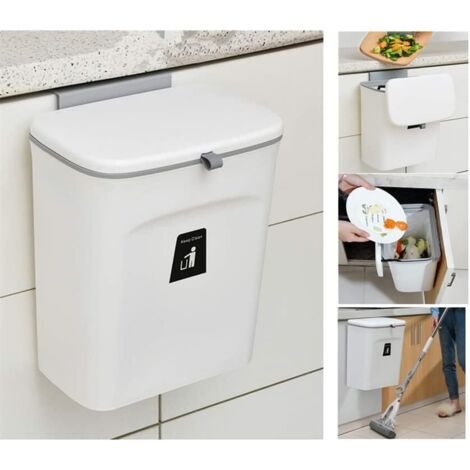 Composteur de cuisine - 9 L - Poubelle de comptoir ou sous évier, petite poubelle suspendue avec couvercle pour salle de bain/chambre (blanc)