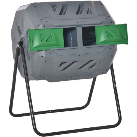 Compostiera da Giardino 71x65x96 cm Girevole a 2 Sezioni con 8 Prese d'Aria in Acciaio e PP Grigio