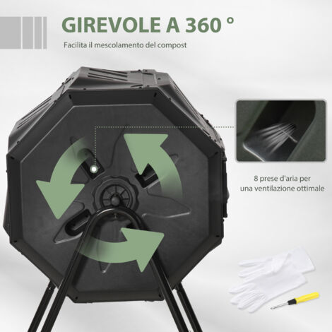 Compostiera da giardino girevole a 2 sezioni con 8 prese d'aria, compostatrice domestica in acciaio e PP, 160 L, per il compostaggio di rifiuti organici, 71x65x96 cm, nera