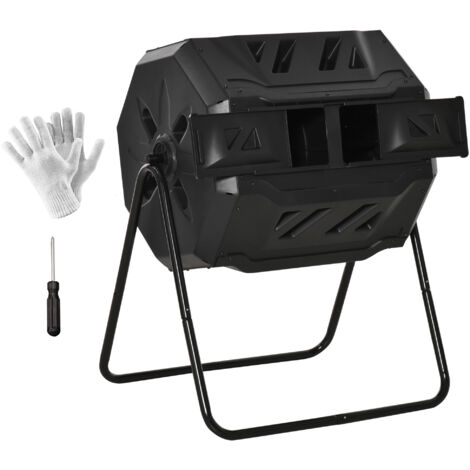 Compostiera da Giardino Girevole a 2 Sezioni con 8 Prese d'Aria, Compostiera Domestica in Acciaio e PP, 160 L, per Compostaggio Rifiuti Organici, 71x65x96 cm, Nero