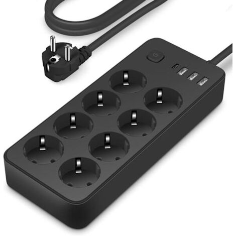 Comprend une multiprise avec 1 port USB-C, 3 ports USB-A (5V 2A/12W), un protecteur de surtension et un protecteur de surtension avec interrupteur marche/arrêt  câble de 1,8 mètre.