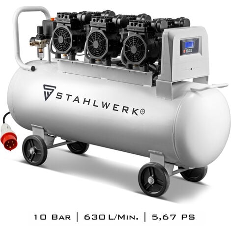 Compresor de aire comprimido STAHLWERK ST 1010 Pro, compresor silencioso con 10 bar, depósito de 100 l, 69 dB y 3 motores sin escobillas y sin desgaste con una potencia total de 5,67 CV / 4.170 vatios