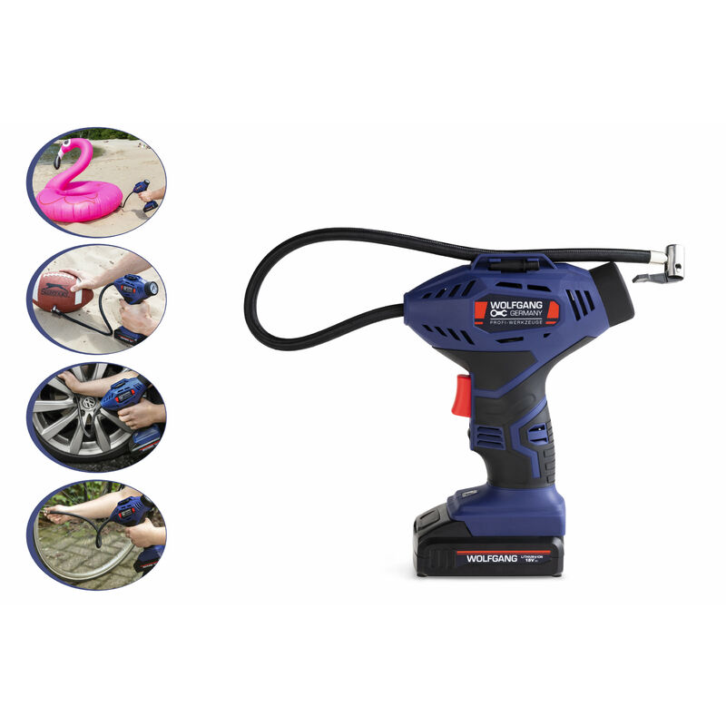 

Wolfgang - Compresor de Aire Portátil con Batería de Litio de 18 V y 1300 mAh, presión 7.5 bar / 100 psi