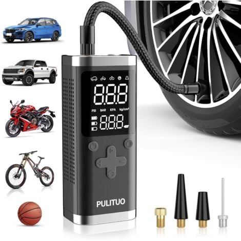 PULITUO Compresor de aire portátil para neumáticos de coche, bomba de aire inalámbrica de 150 PSI con batería y doble fuente de alimentación de 12 V CC, bomba eléctrica para bicicleta y motocicleta, balón, lu