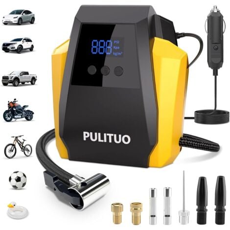 Compresor de aire portátil PULITUO - Accesorios para coche: Inflador de neumáticos de 12 V CC con manómetro digital y luz LED de emergencia para coche, bicicleta, balón y motor.