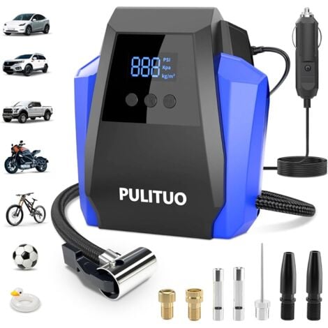 Compresor de aire portátil PULITUO - Accesorios para coche: Inflador de neumáticos de 12 V CC con manómetro digital y luz LED de emergencia para coche, bicicleta, balón y motor.