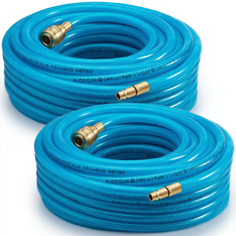 DEUBA® 10m/15m/20m/30m Compressed Air Hose Fabric Reinforced PVC 15 Bar 1/4 Quick Coupler Connection Compressor Line For Pneumatic Tools Blue 2x 15